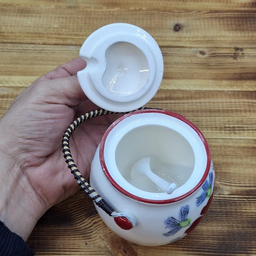 Vintage Floral‎ White sugar jelly or candy jar with wicker handle 3x4
